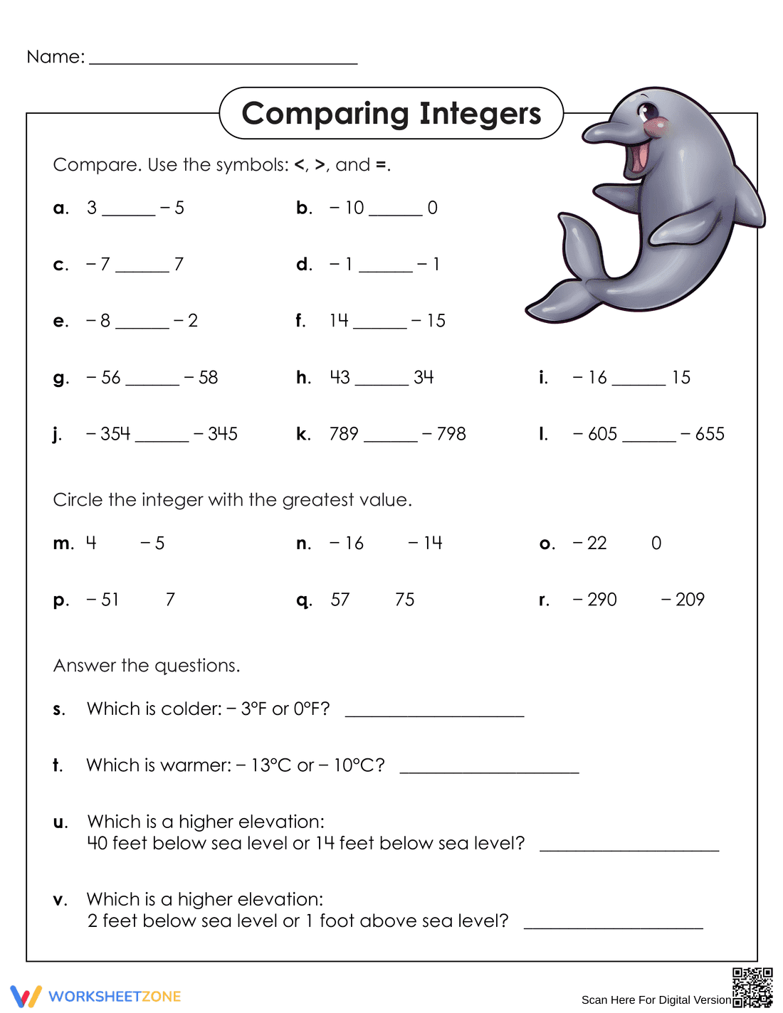 Comparing Integers Worksheet: Greater or Less - Page 1