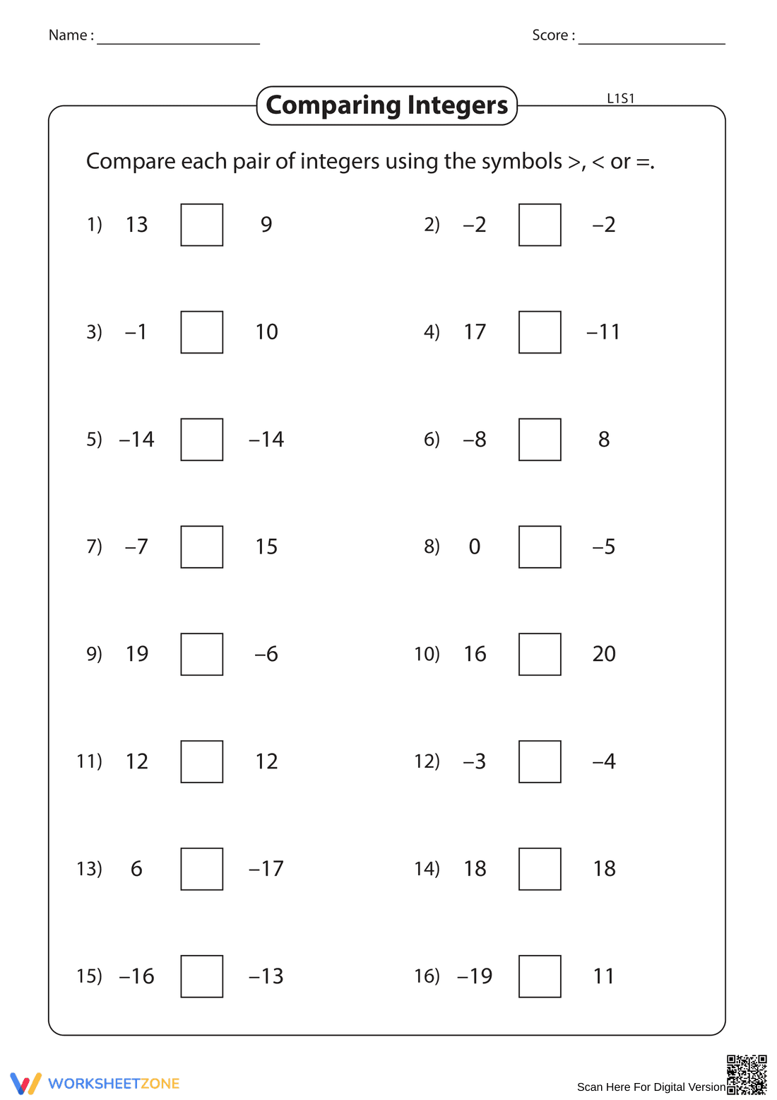 Comparing Integers Practice: Number Comparison - Page 1