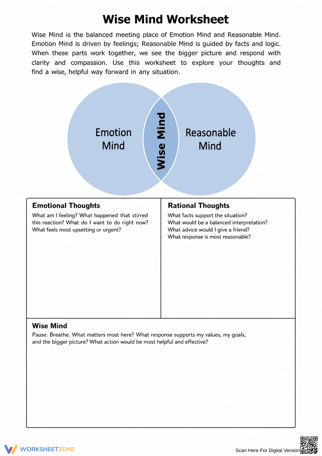 Printable Wise Mind Worksheet | Grade 9-12 SEL - Page 1