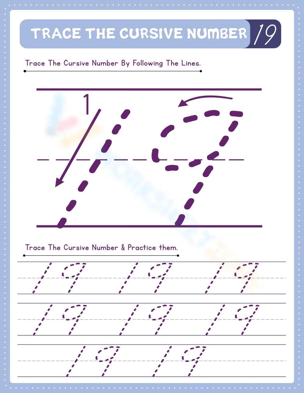 Cursive Number 19 Practice - Page 1