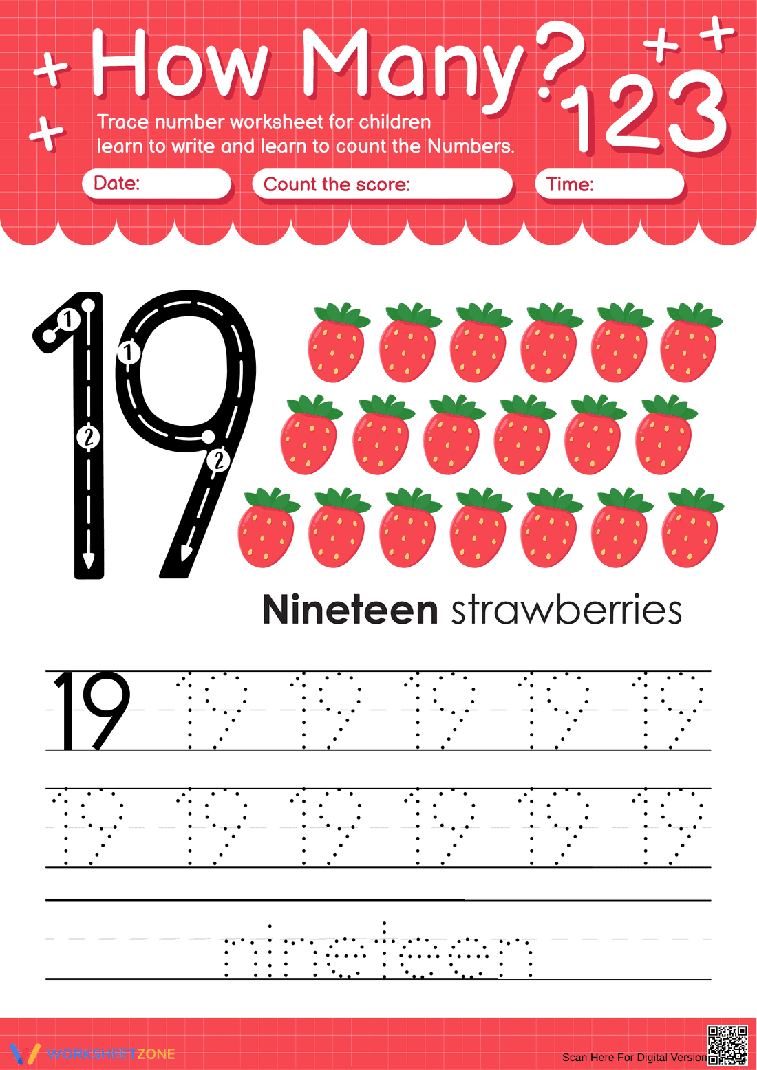 Printable Number 19 Worksheet: Count and Trace - Page 1