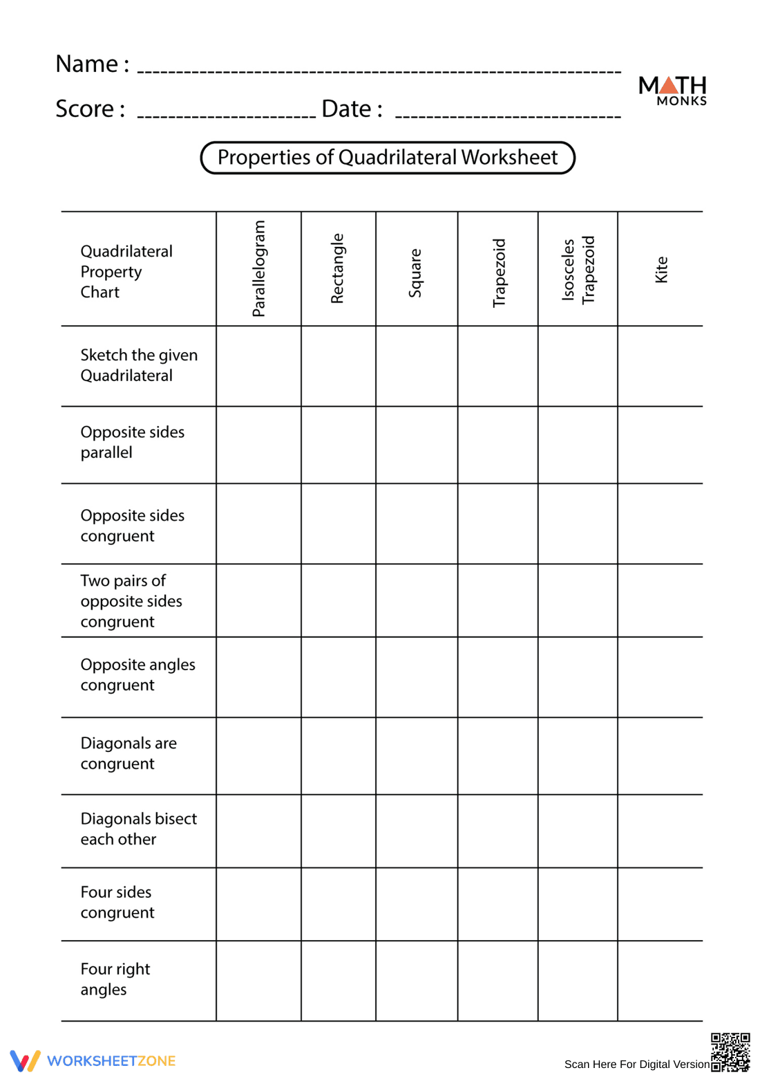 Quadrilaterals Properties Worksheet - Page 1
