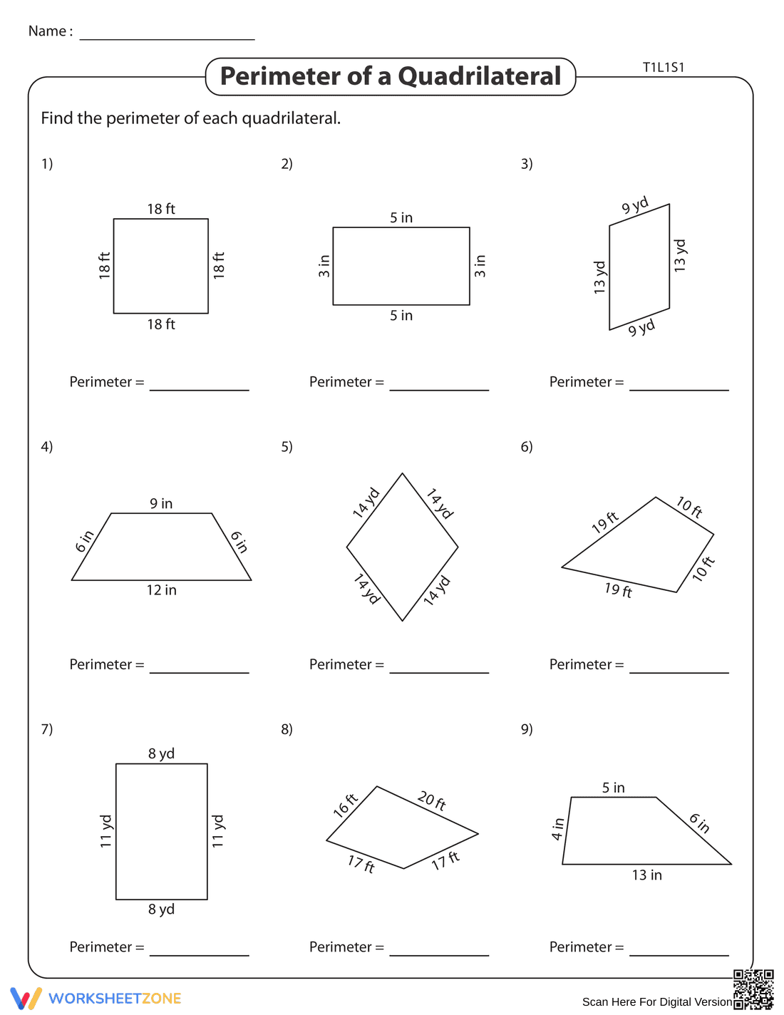 Perimeter of a Quadrilateral Worksheet - Page 1