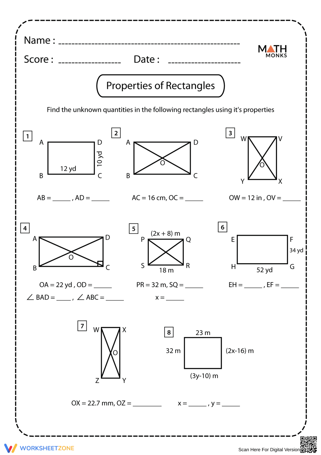 Properties of Rectangles Worksheet - Page 1