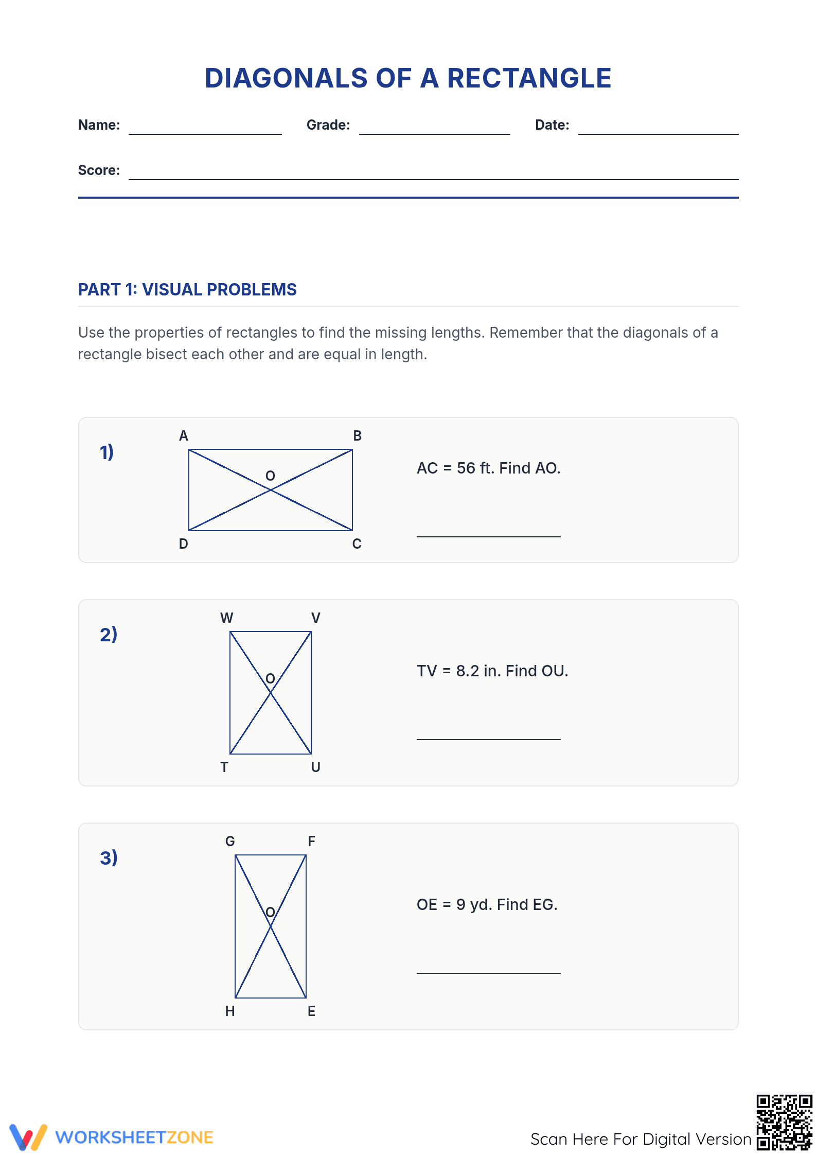Printable Diagonals of a Rectangle Worksheet | Grade 7 Math - Page 1
