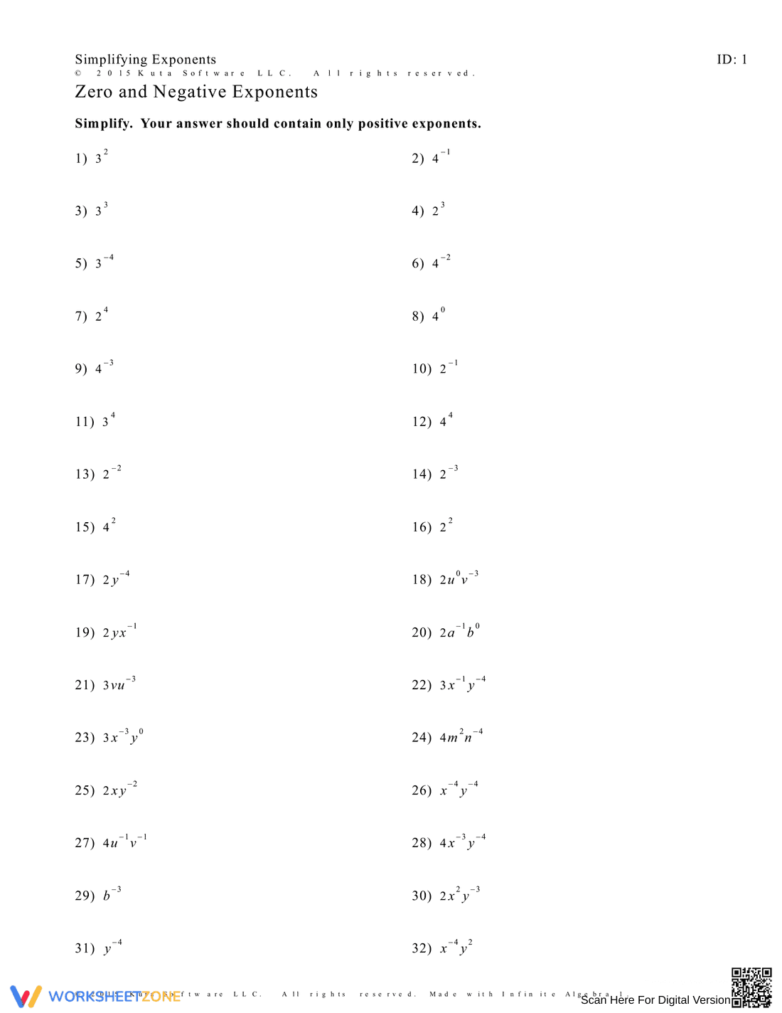 Zero and Negative Exponents Practice - Page 1