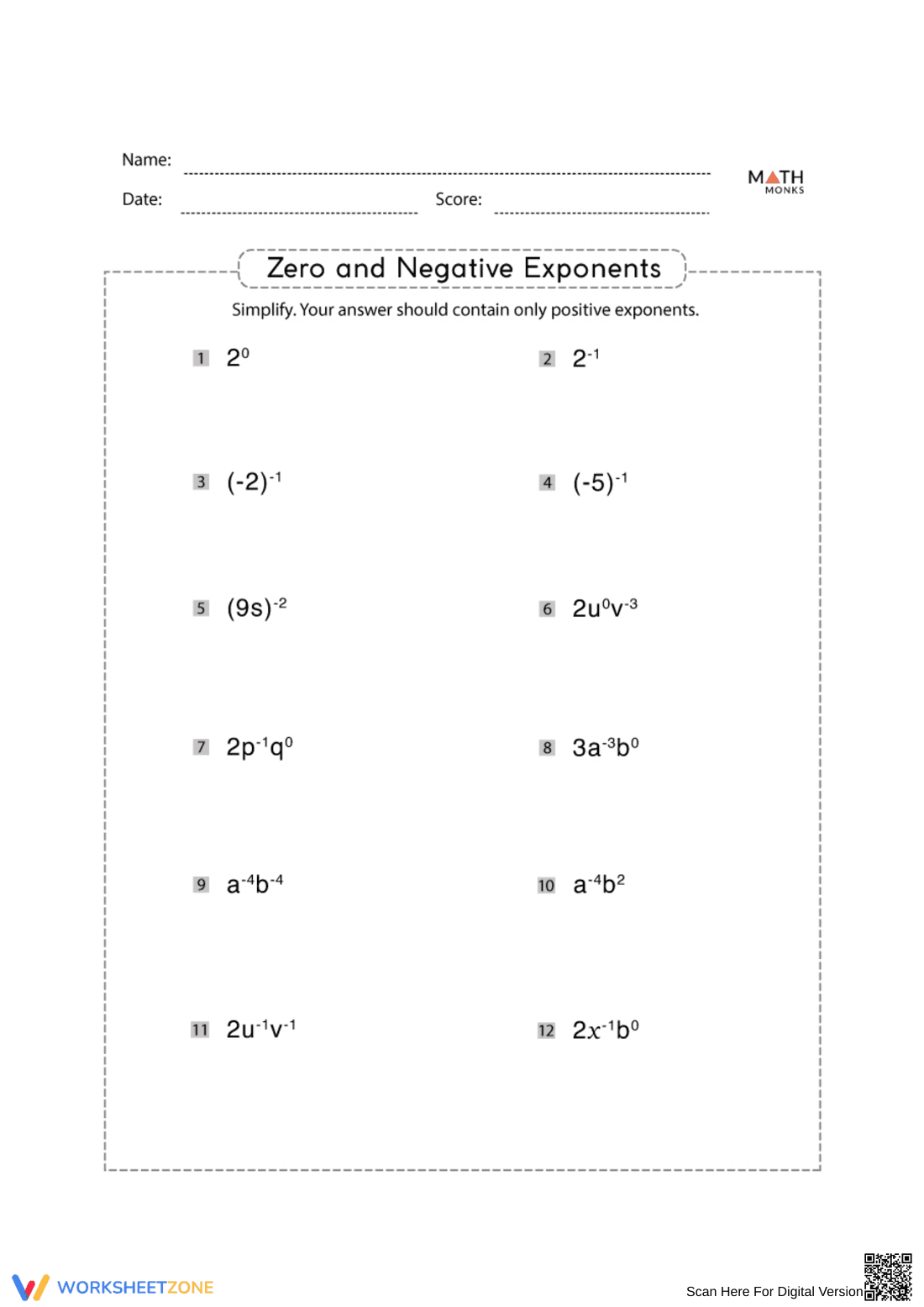 Zero and Negative Exponents: Advanced Practice - Page 1