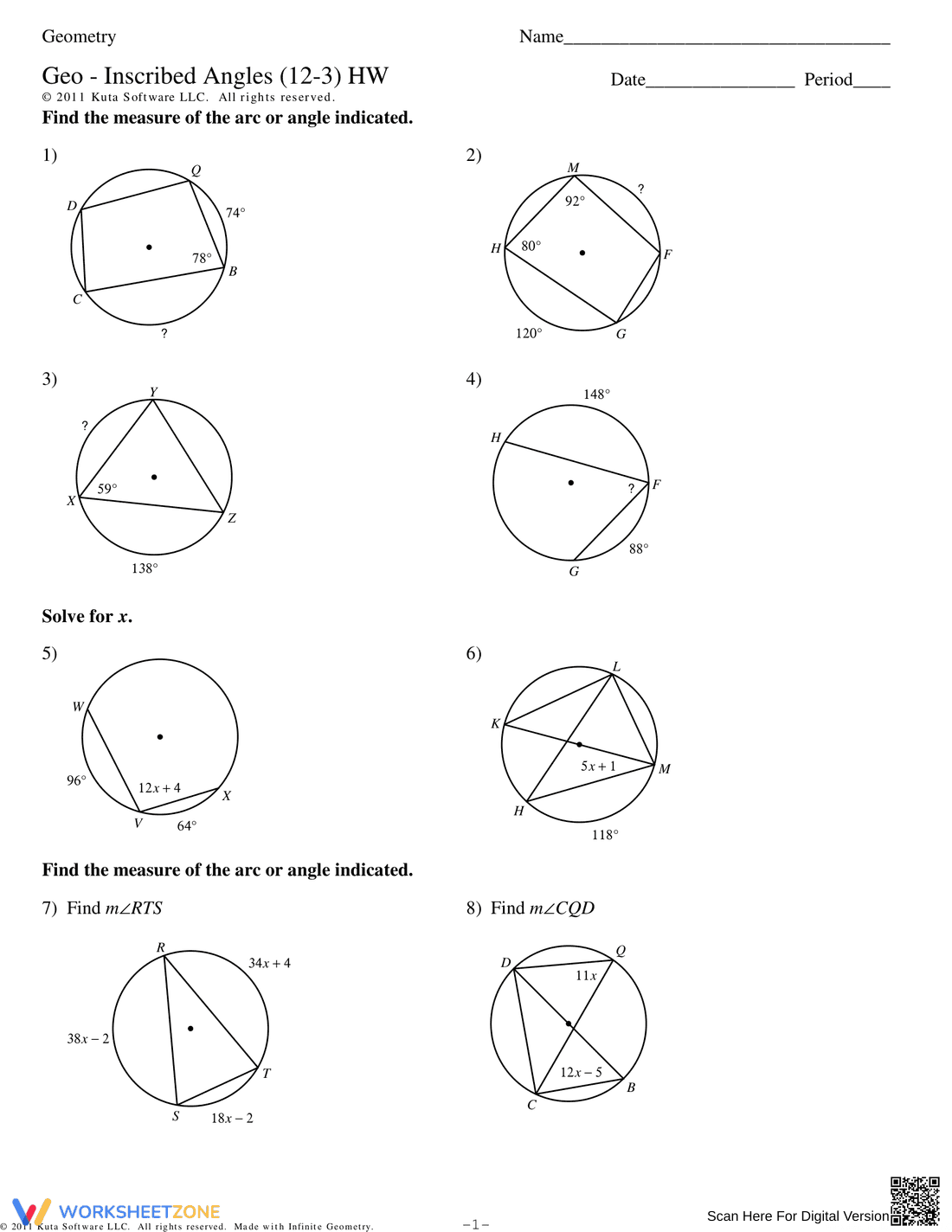 Practice with Inscribed Angles - Page 1