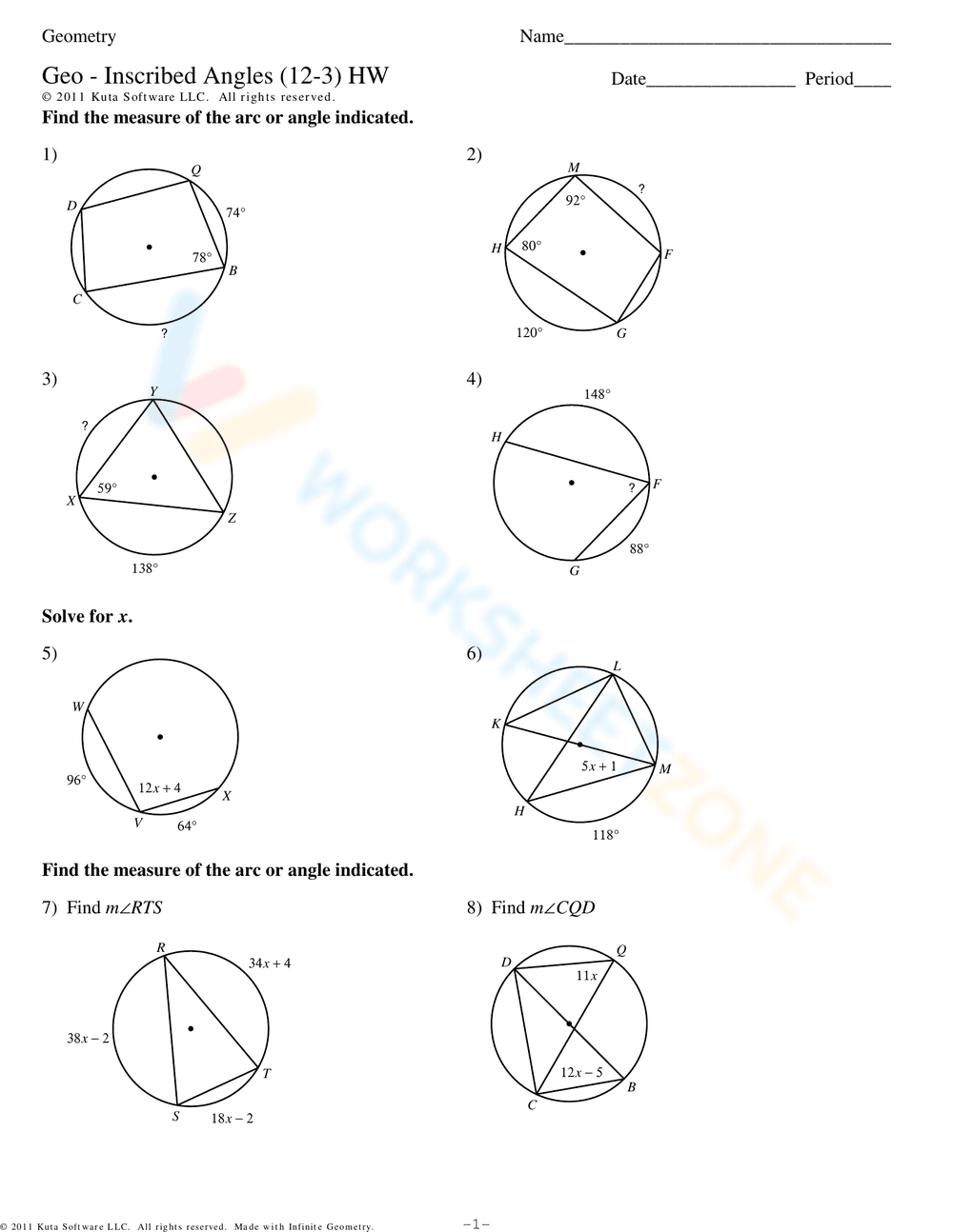 Practice with Inscribed Angles - Page 1