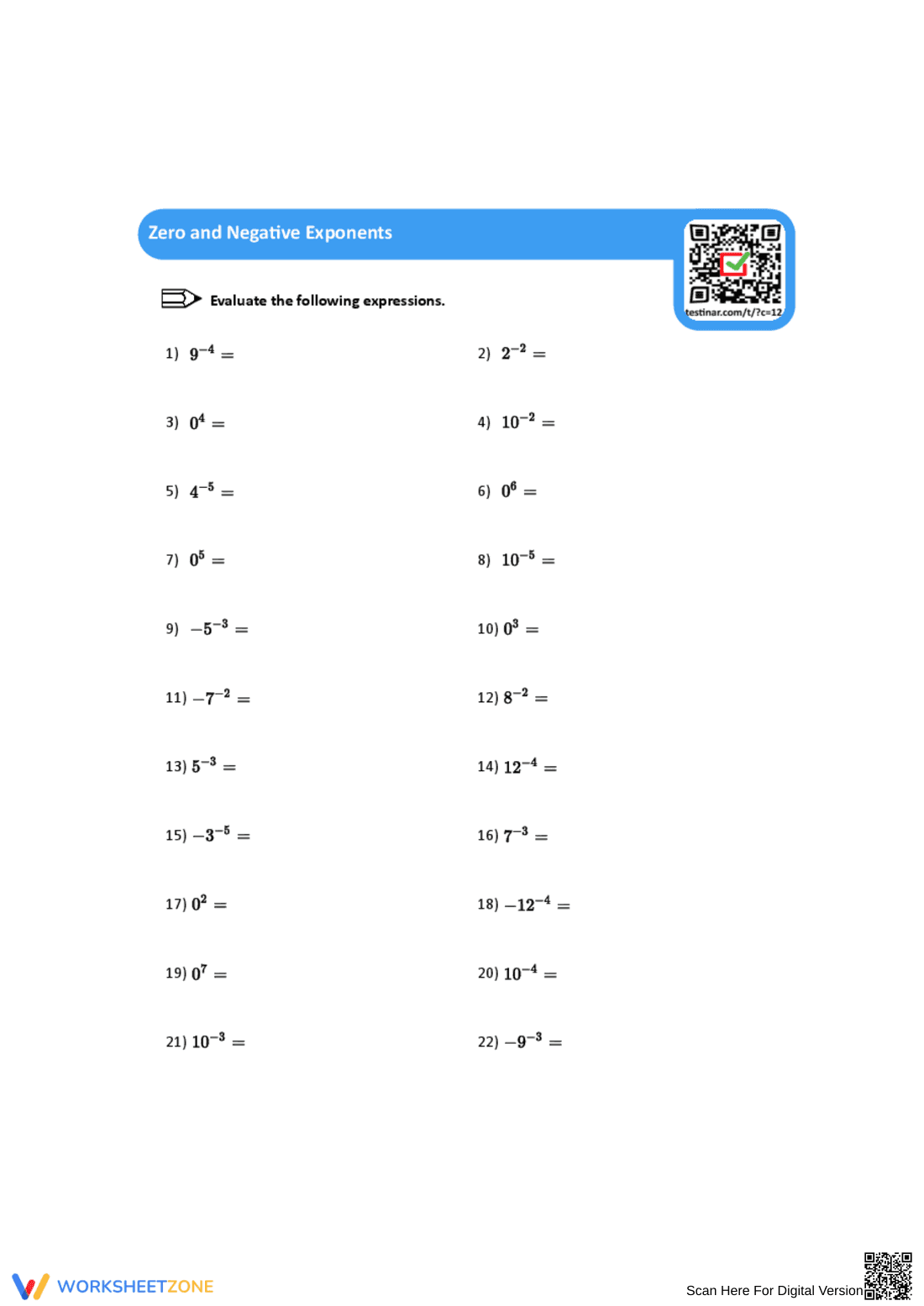 Zero and Negative Exponents - Page 1