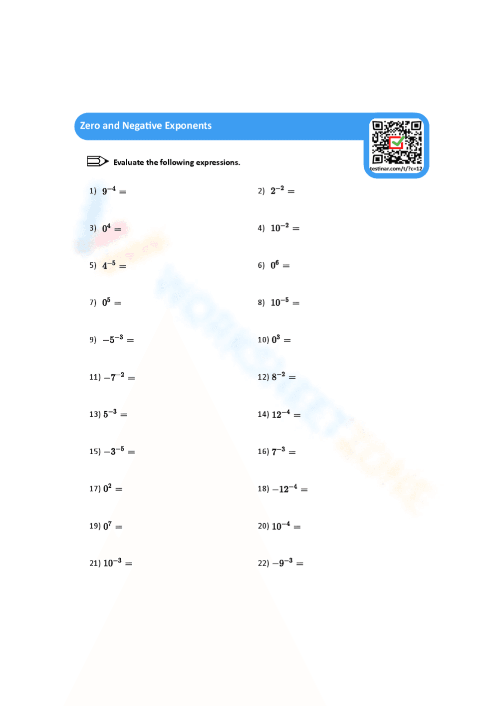 Zero and Negative Exponents - Page 1