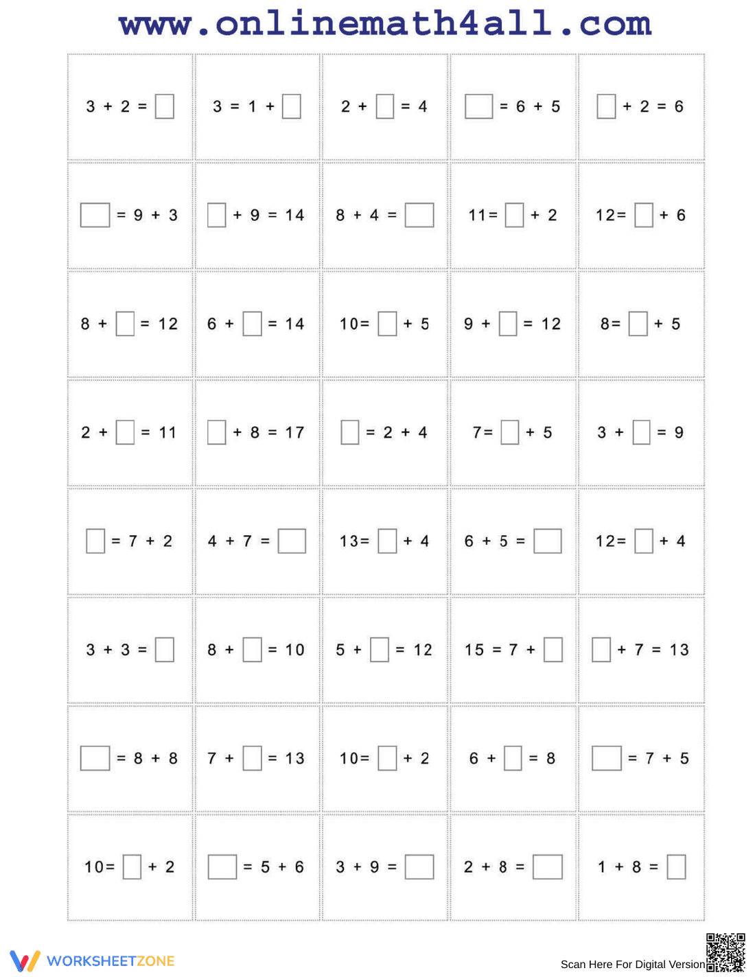 Missing Addend Worksheet - Page 1