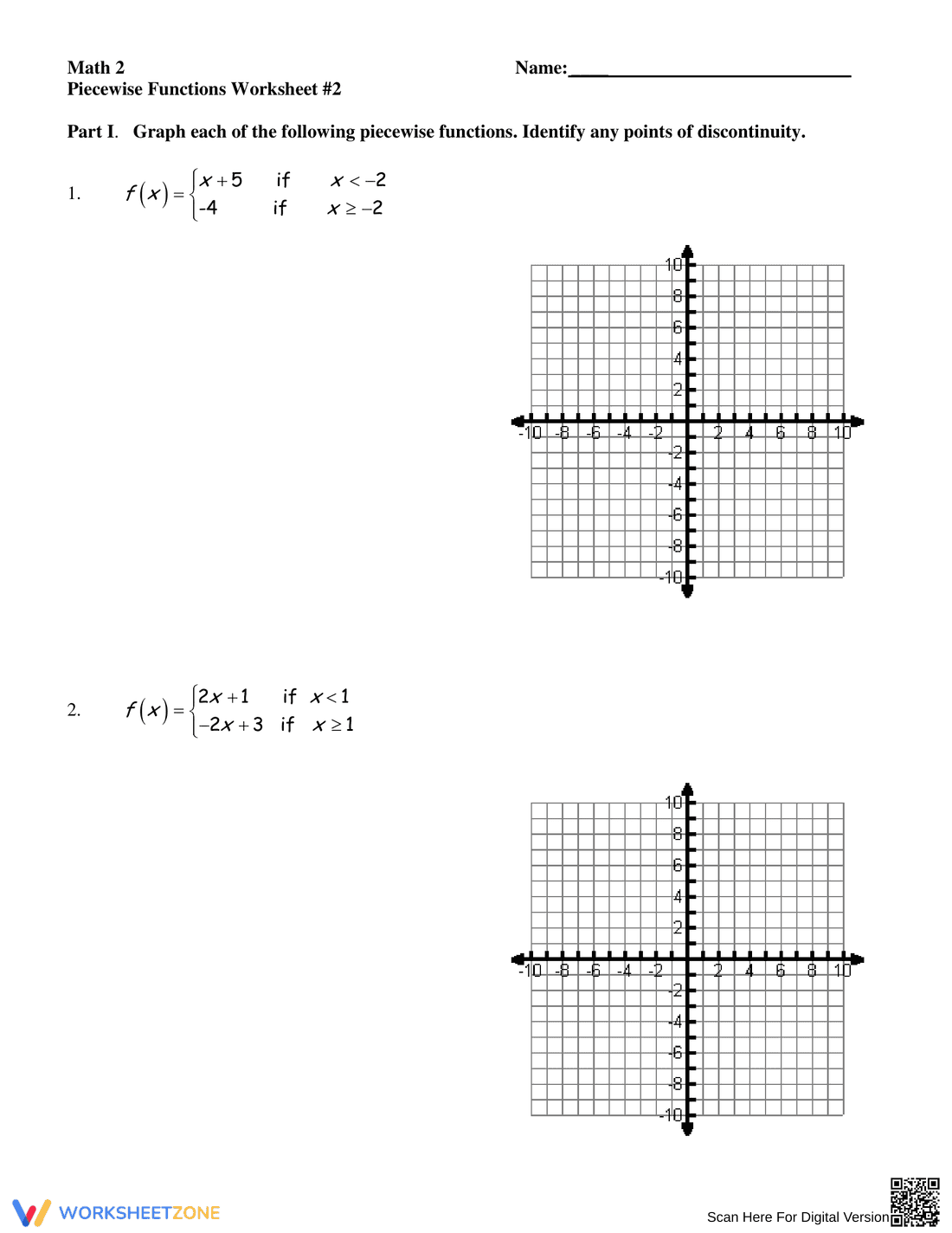 Piecewise Functions Practice Worksheet - Page 1