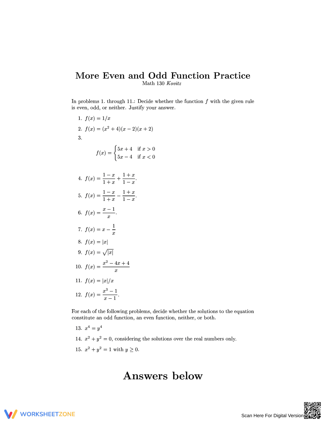 Even and Odd Functions Practice Worksheet - Page 1