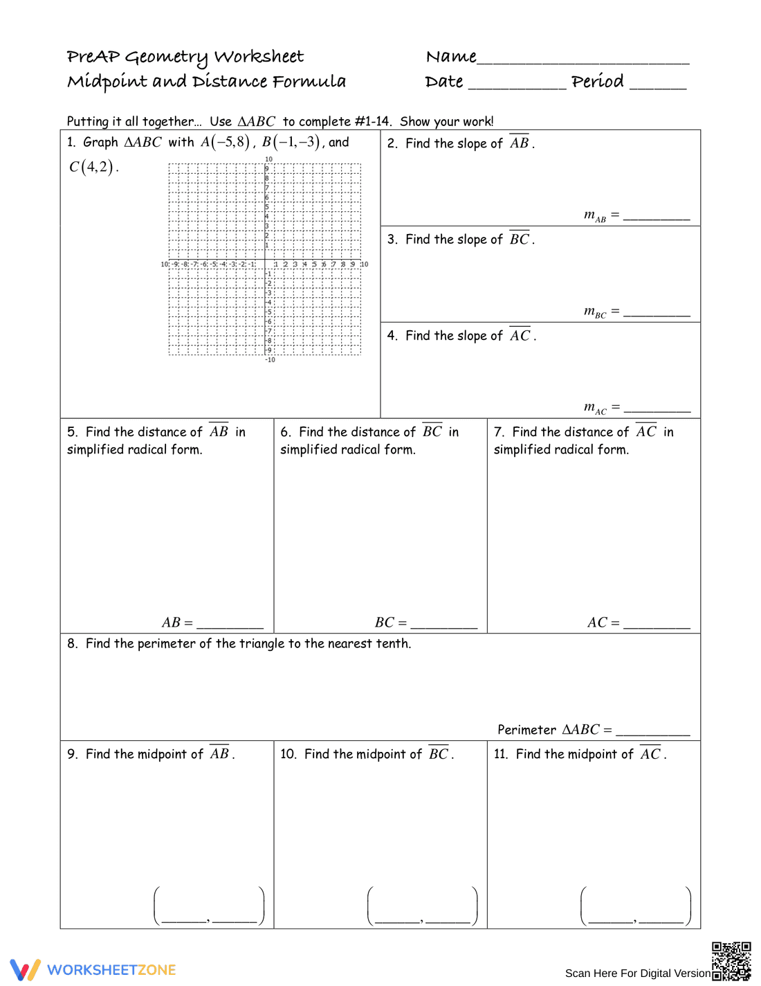 Midpoint and Distance Formula Practice Worksheet - Page 1
