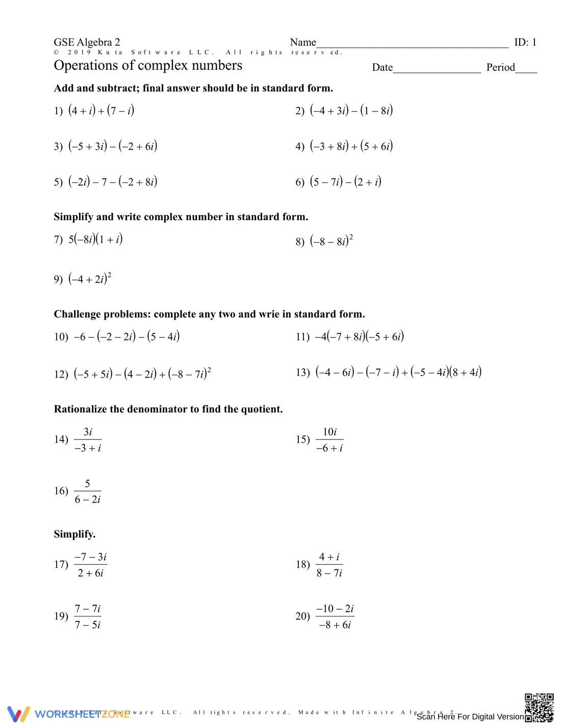 Perform Operations of Complex Numbers: A Worksheet - Page 1