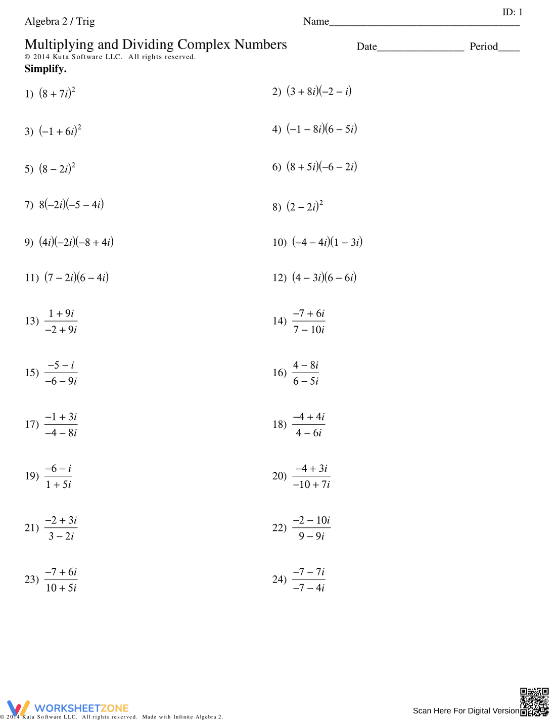 Practice Multiplying and Dividing Complex Numbers - Page 1