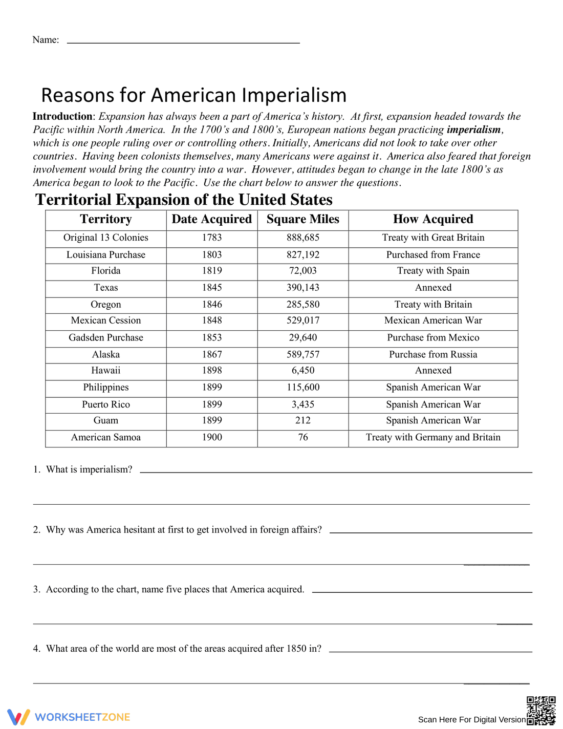 Reasons for American Imperialism Worksheet - Page 1