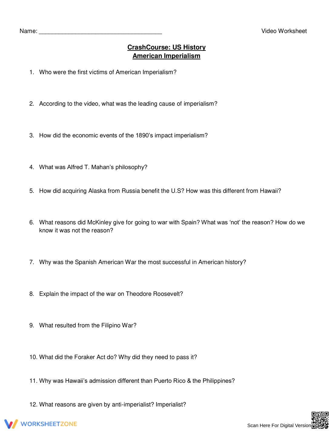 American Imperialism Worksheet: Causes and Effects - Page 1