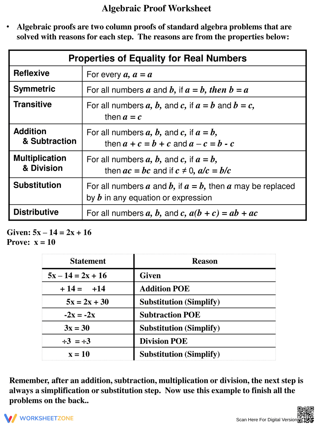 Algebraic Proofs Practice Worksheet - Page 1