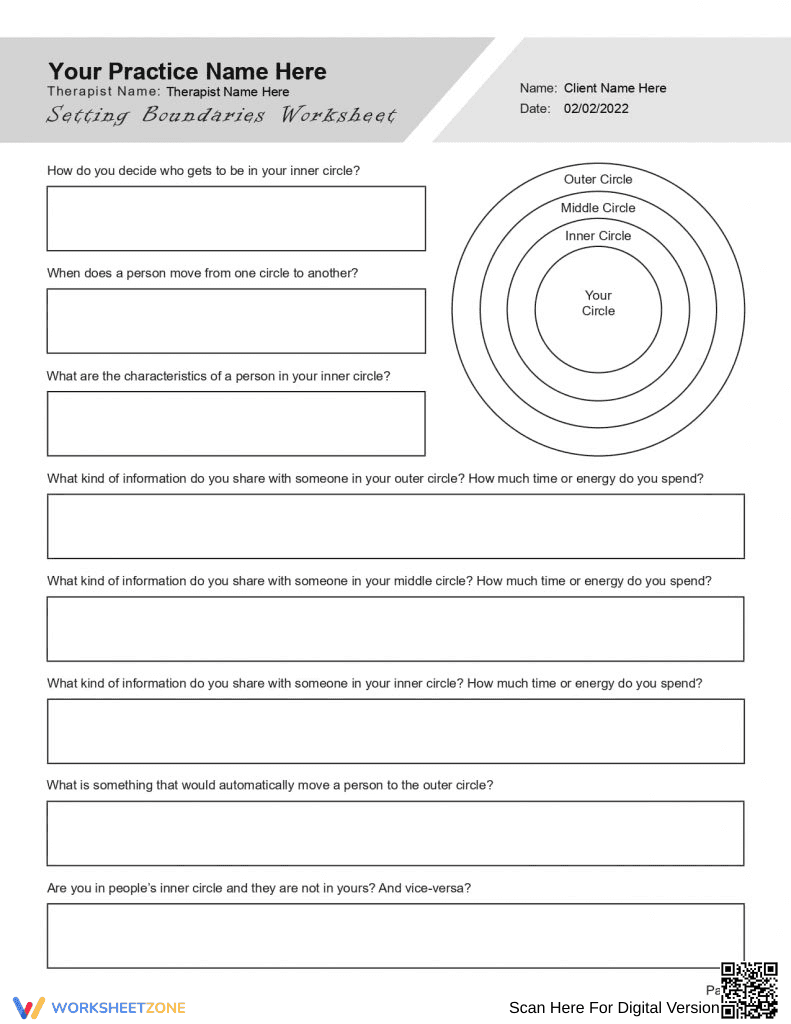 Setting Boundaries Worksheet - Personal Circle Reflection - Page 1