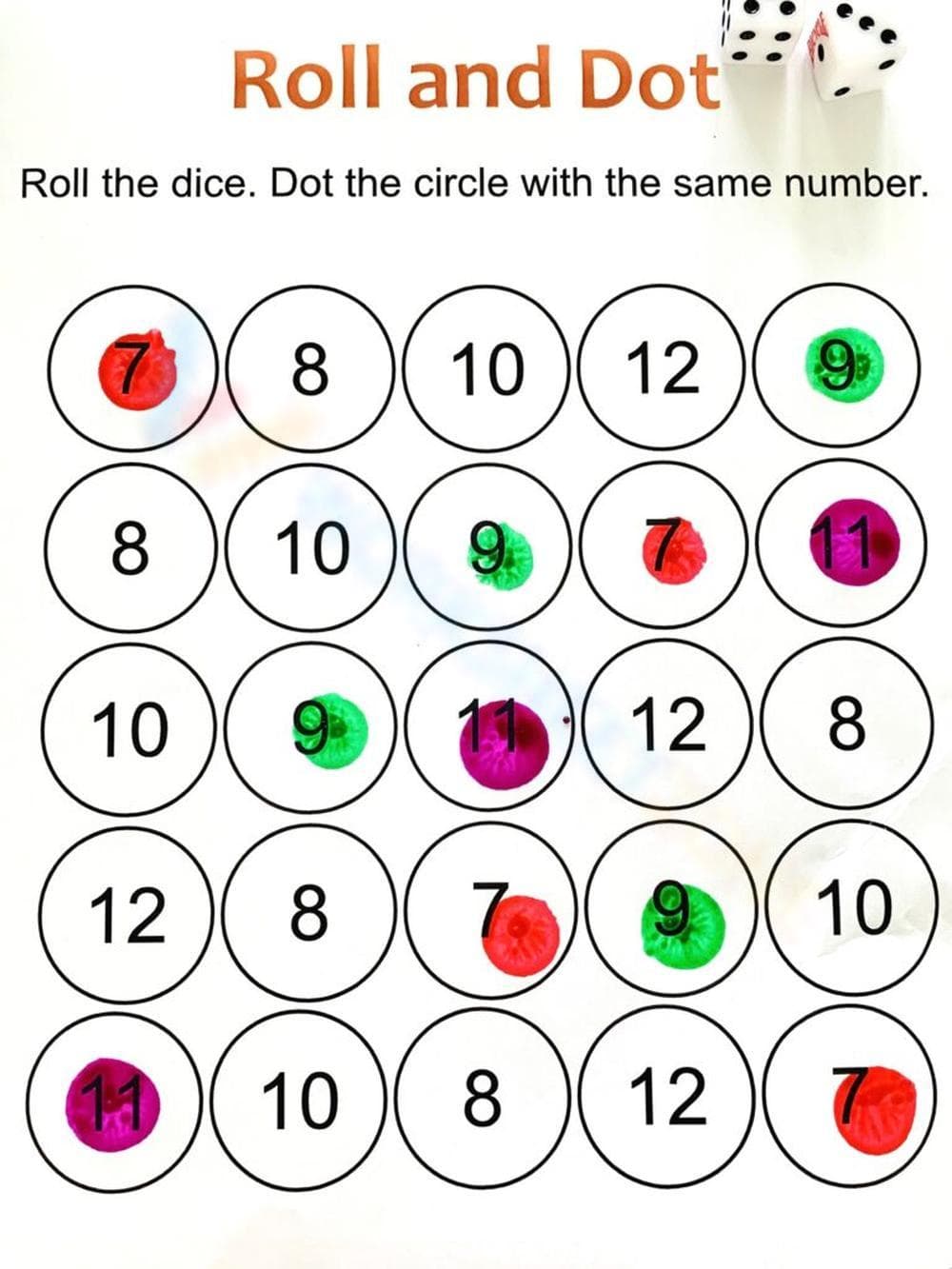 Roll and Dots Counting Game Worksheet - Page 1