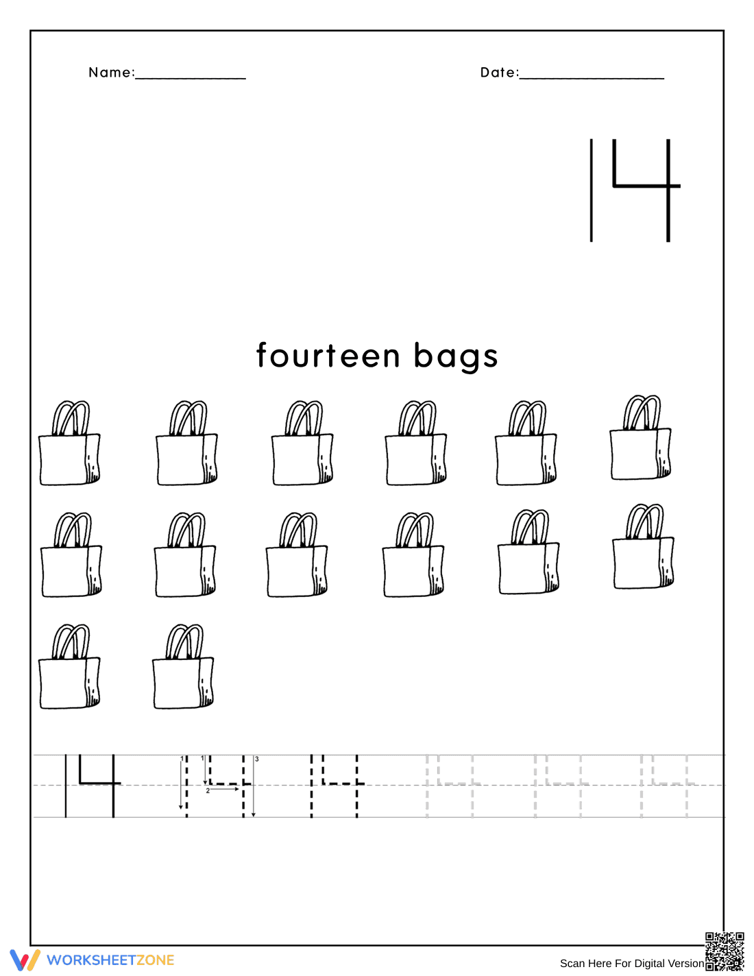 Fourteen Bags Counting Worksheet - Page 1
