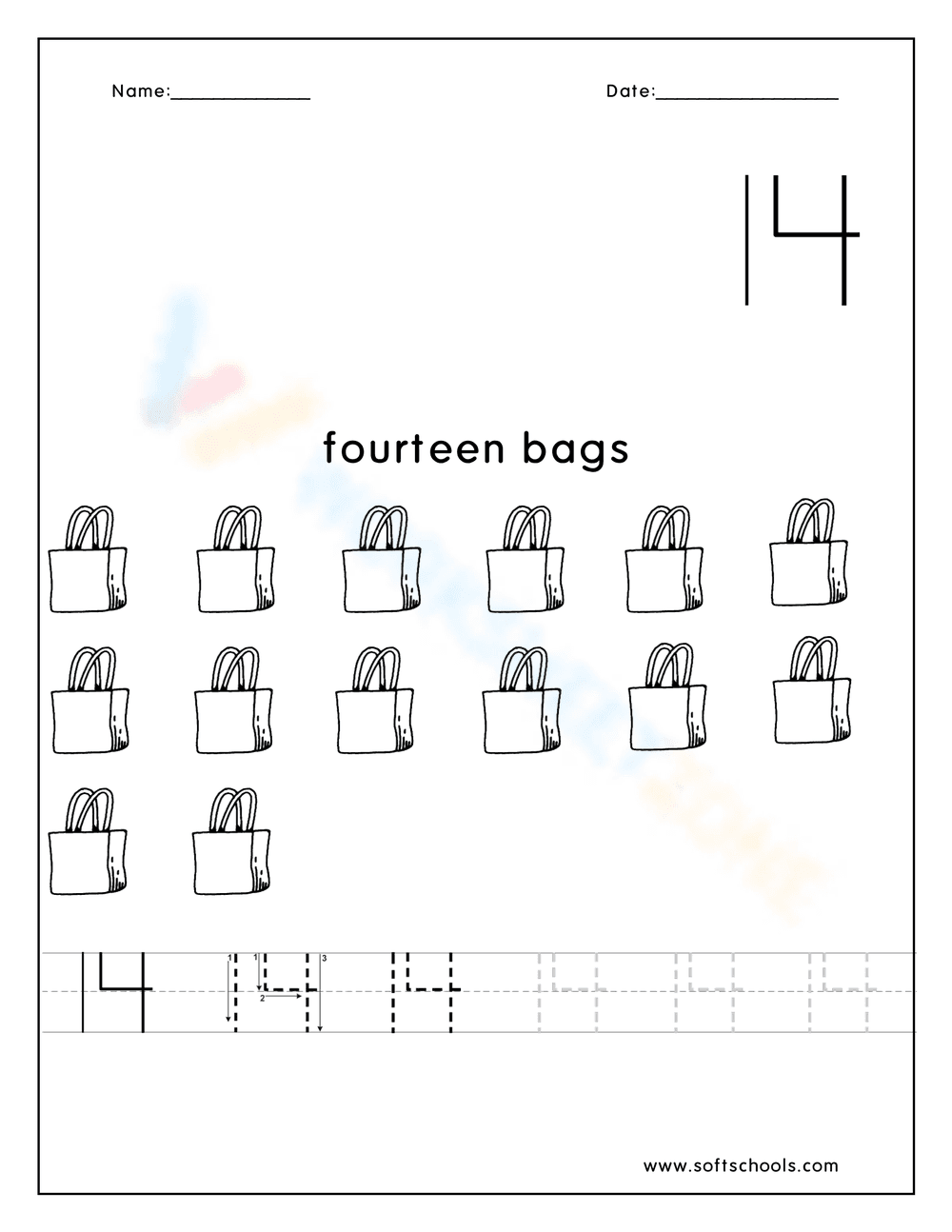 Fourteen Bags Counting Worksheet - Page 1