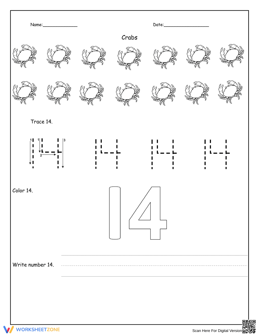14 Crabs Counting Practice Worksheet - Page 1