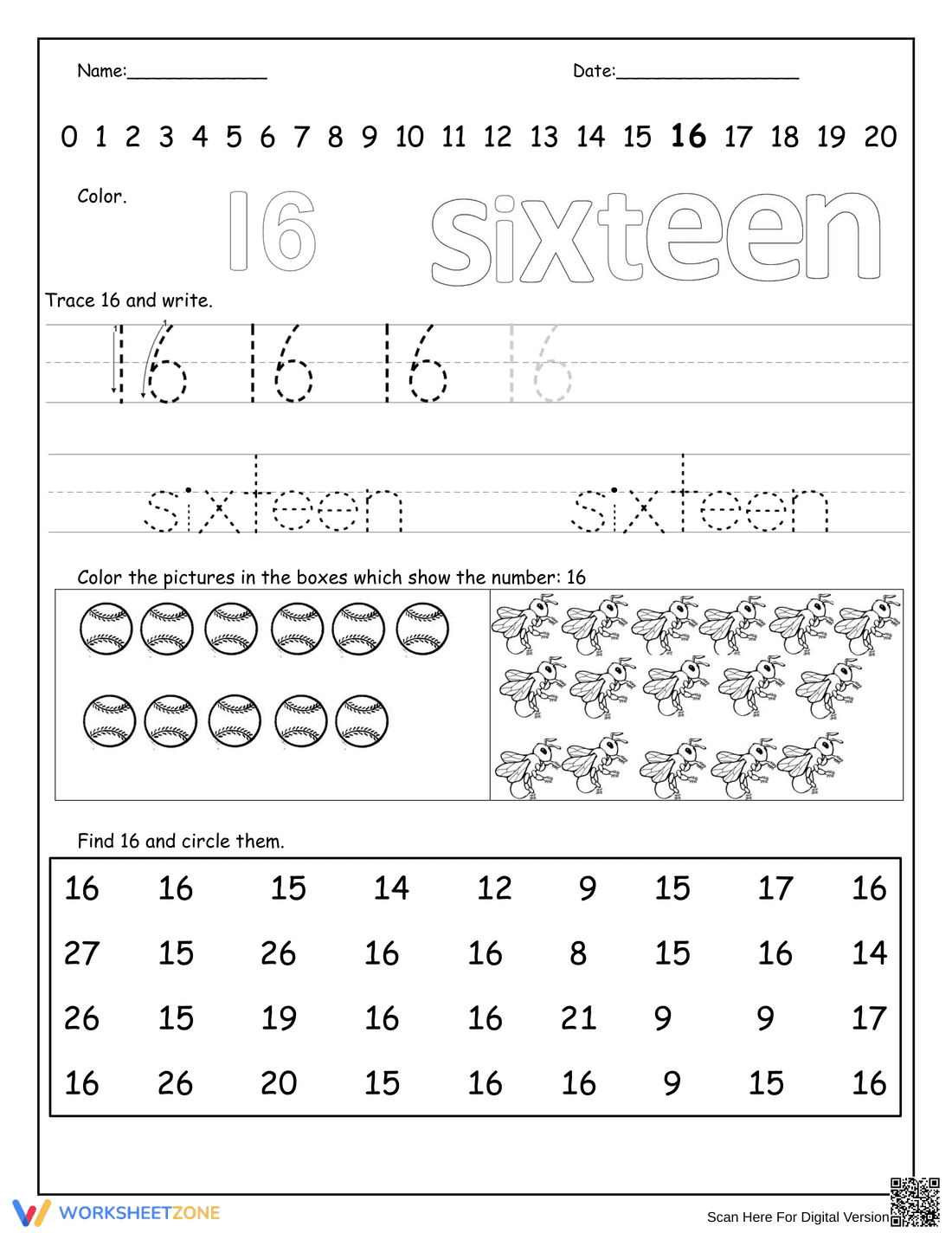 Number 16 Color and Trace Worksheet - Page 1