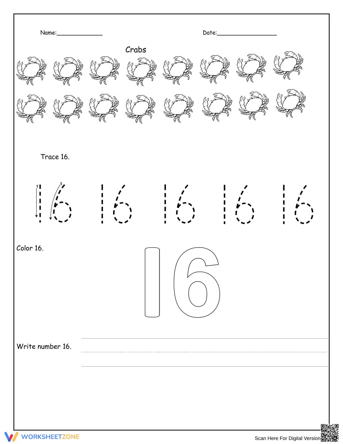 Tracing Number 16 Worksheet - Page 1