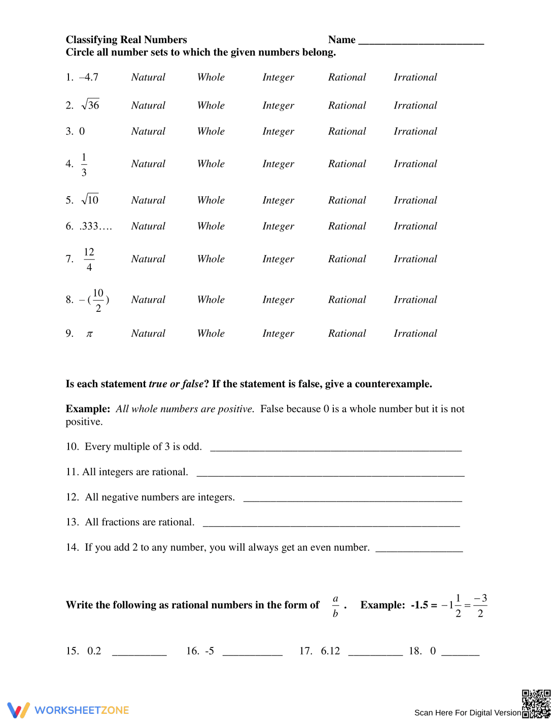Classifying Real Numbers - Page 1