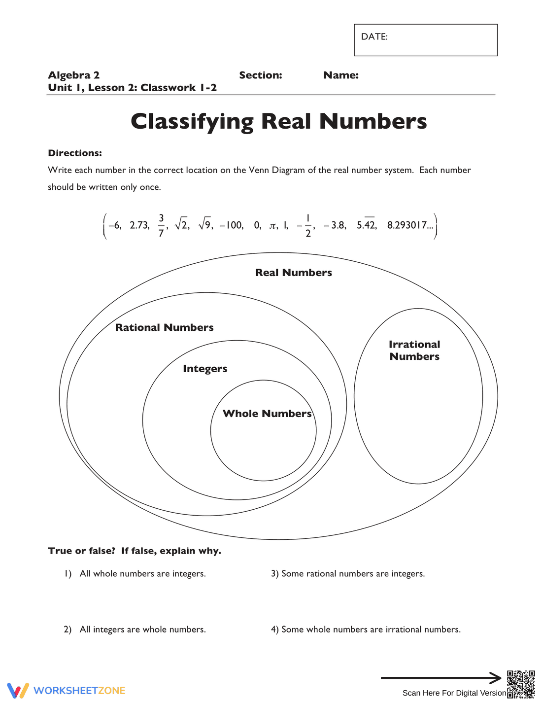 Classifying Real Numbers Worksheet - Page 1
