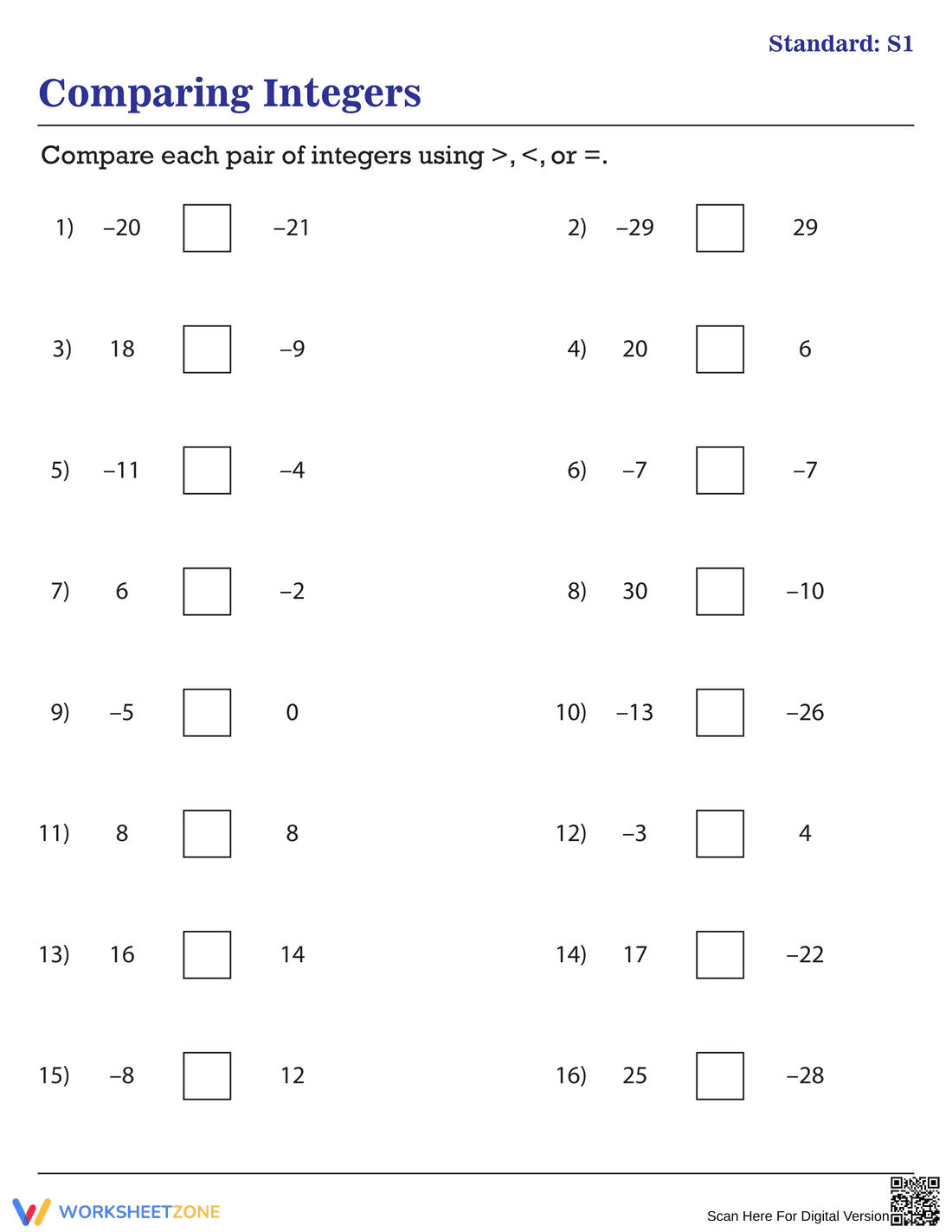 Comparing Integers Standard - Page 1