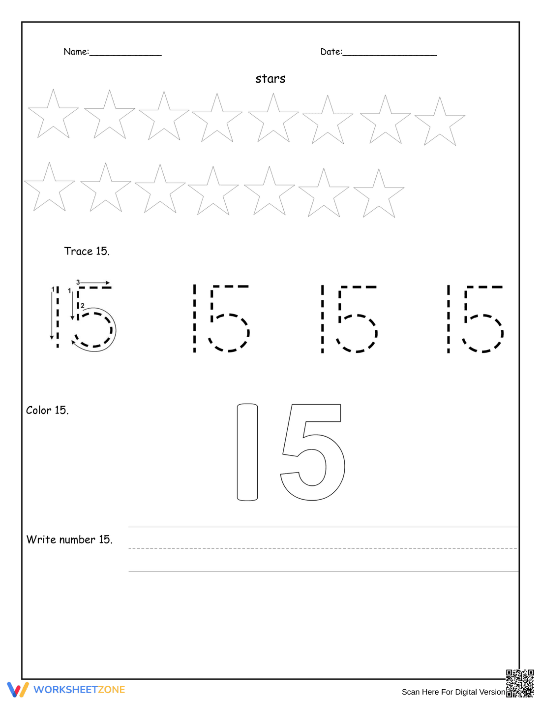 Number 15 Worksheet – Count, Trace, Color, and Write - Page 1