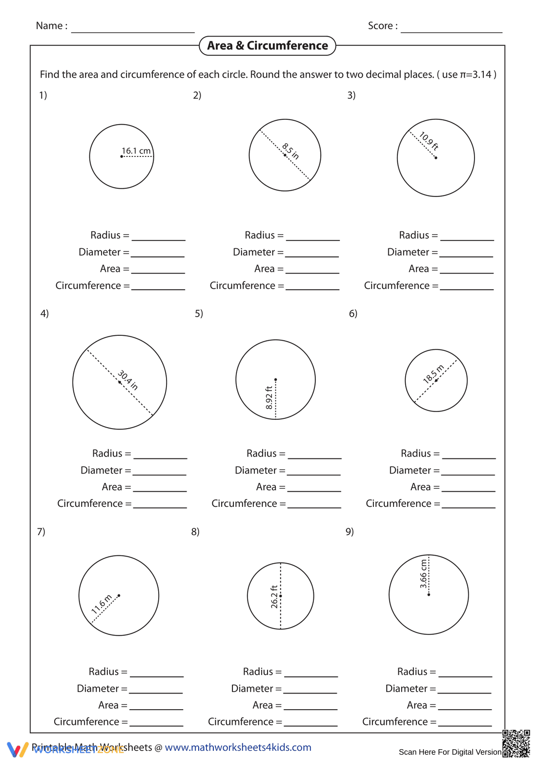 Practice Area and Circumference Calculations - Page 1
