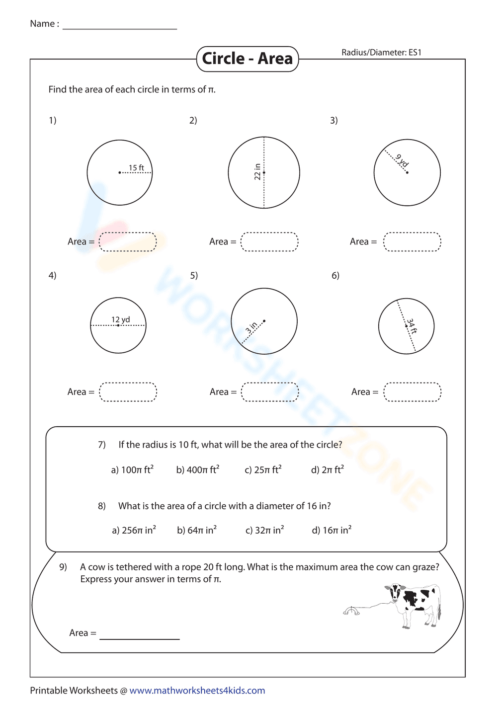 Calculate Circle Area from Radius or Diameter - Page 1