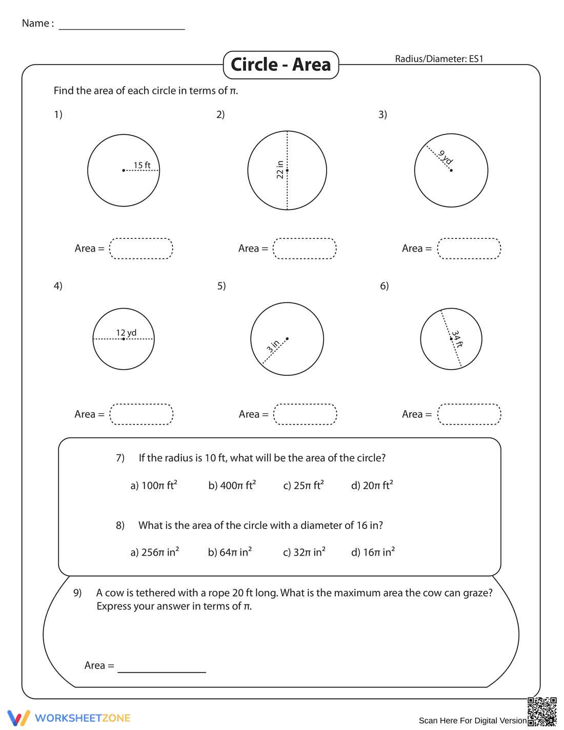 Calculate Circle Area from Radius or Diameter - Page 1