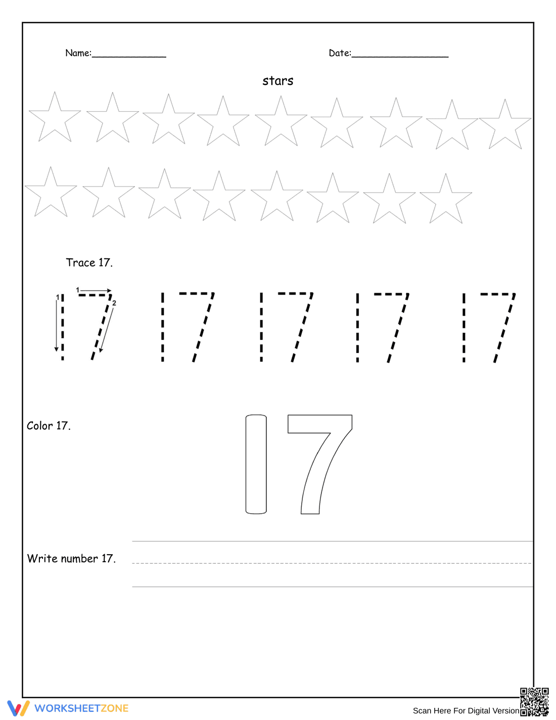 Practice Tracing the Number 17 - Page 1