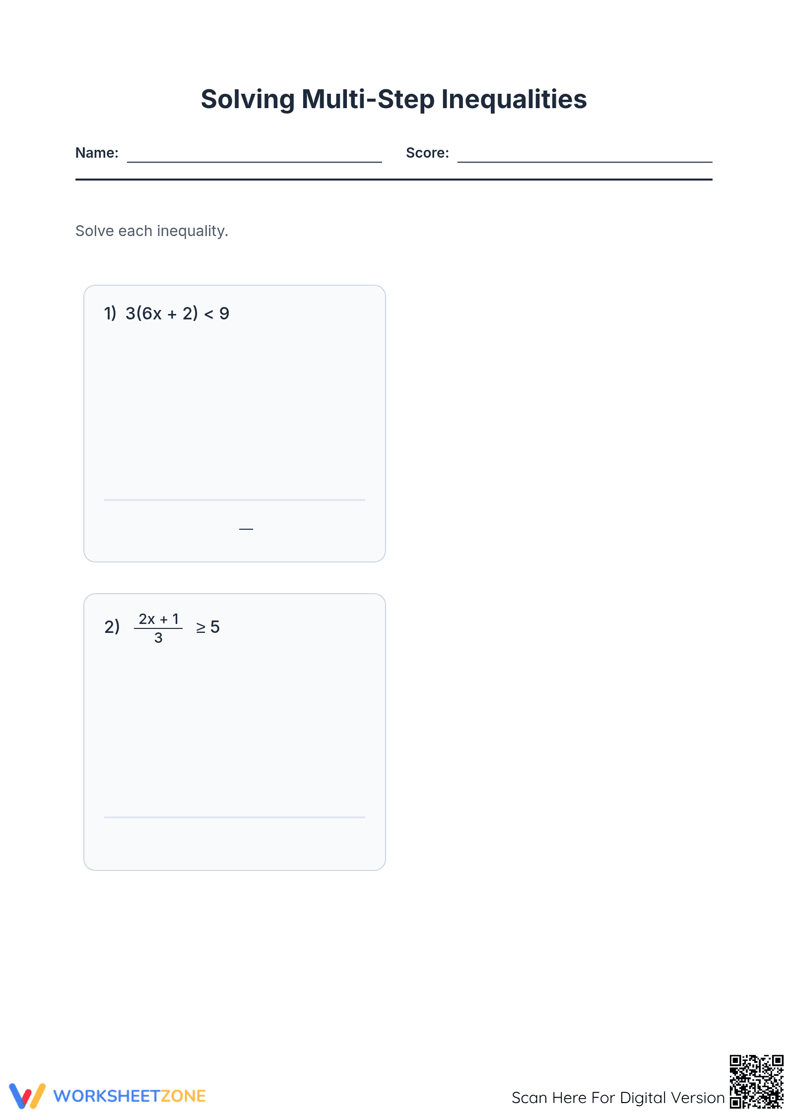 Printable Algebra Worksheet: Solving Multi-Step Inequalities - Page 1