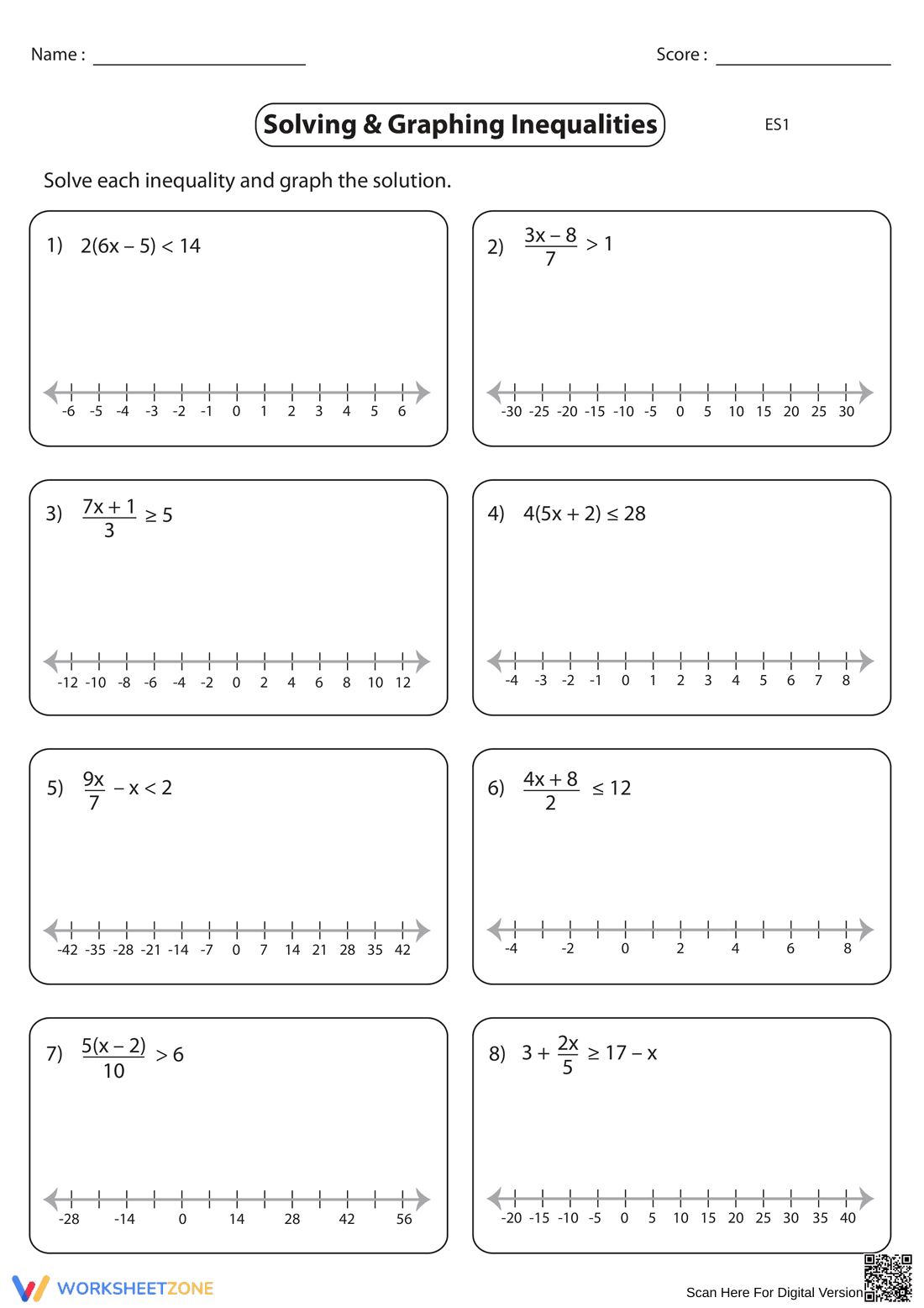 Solving and Graphing Inequalities Worksheet - Page 1