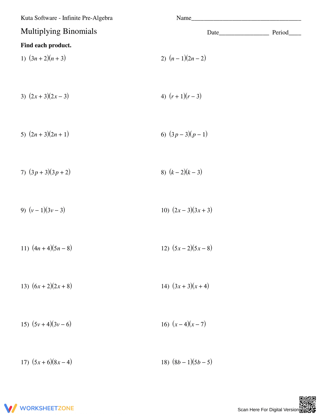 Practice Multiplying Binomials - Page 1