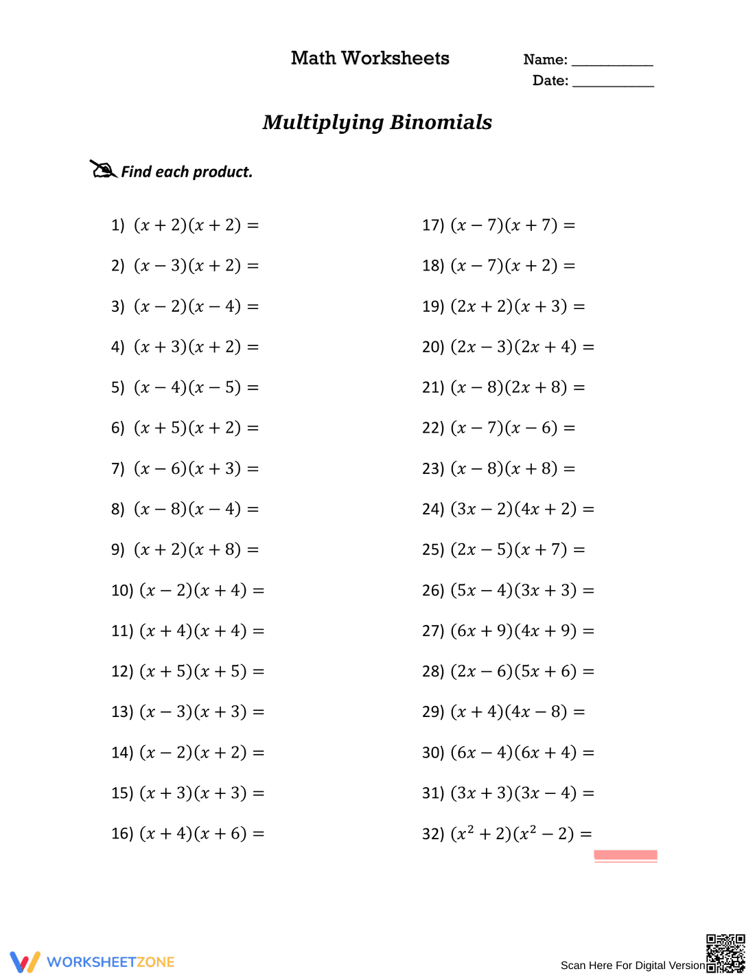 Worksheet on Multiplying Binomials Algebra - Page 1