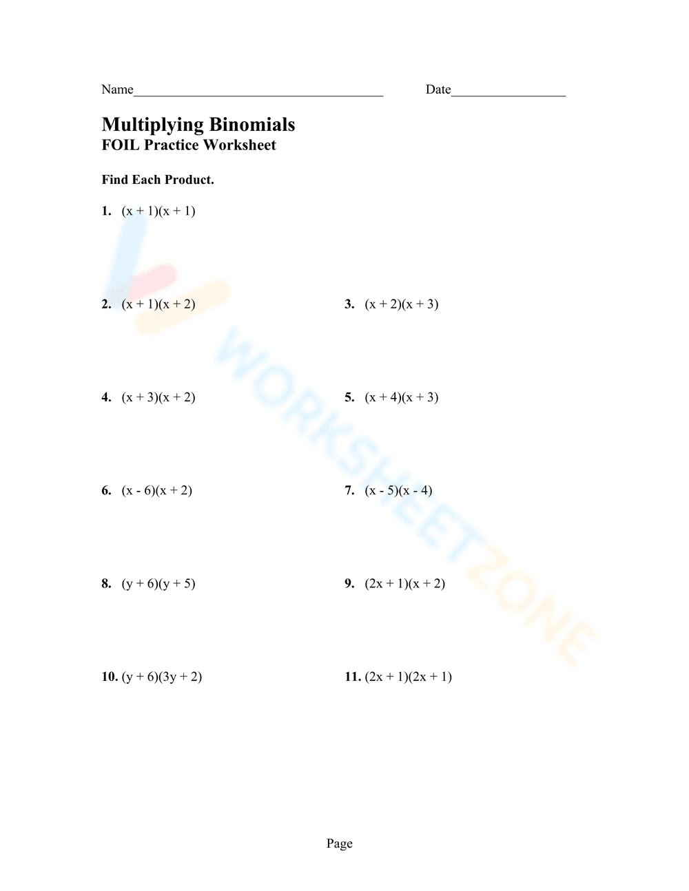 Multiplying Binomials Practice - Page 1