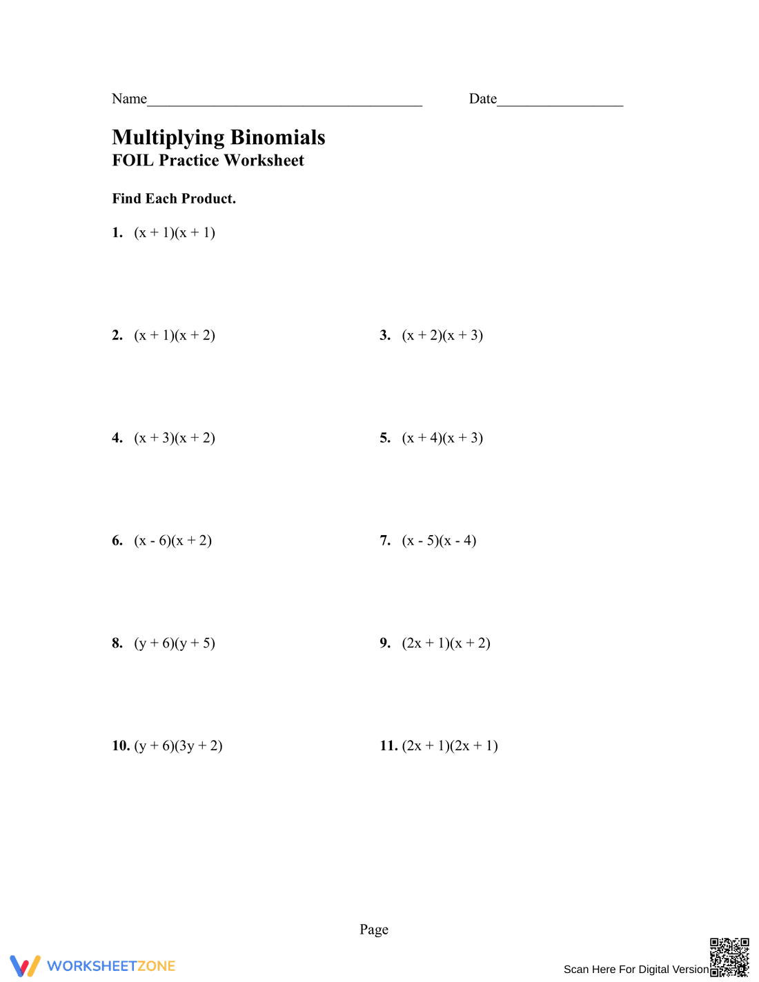 Multiplying Binomials Practice - Page 1