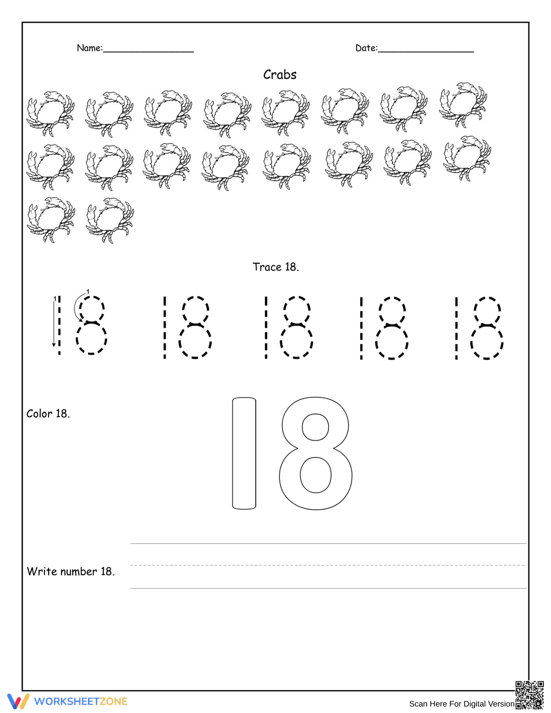 Practice Writing the Number 18 - Page 1