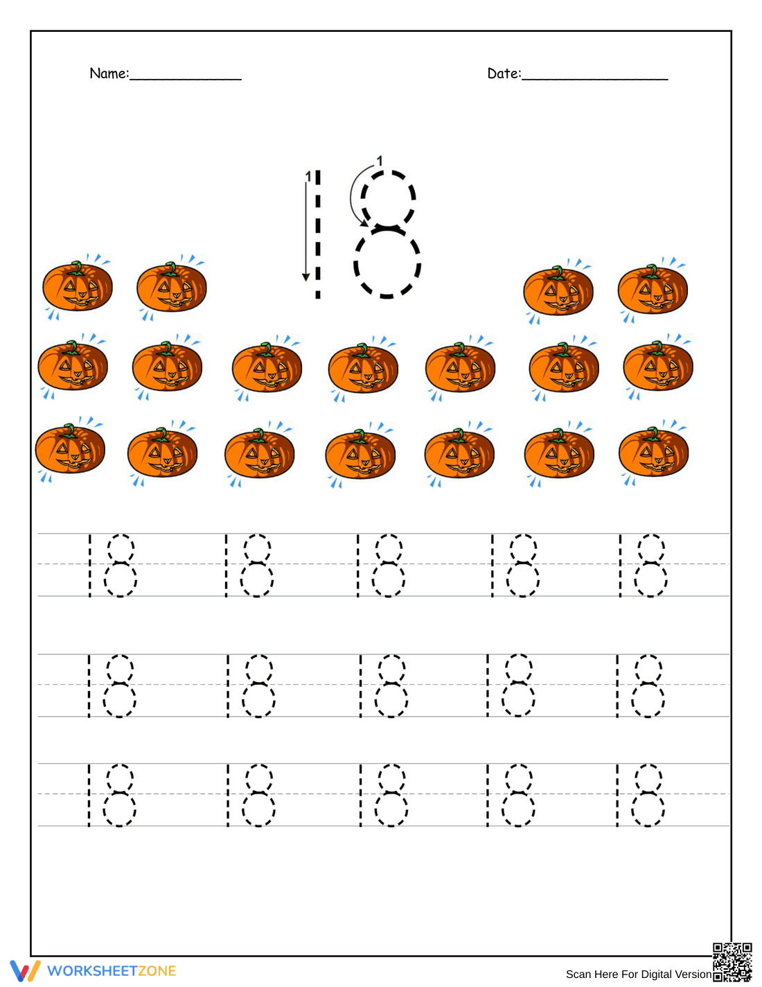 More Practice Writing Number 18 - Page 1