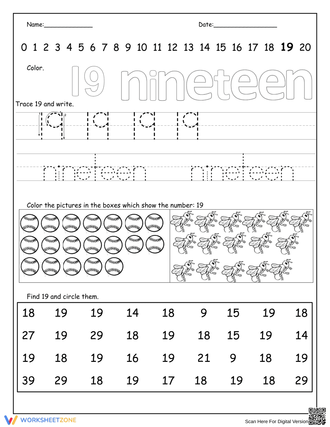 Grade 1 Number 19 — Printable No-Prep Worksheet - Page 1