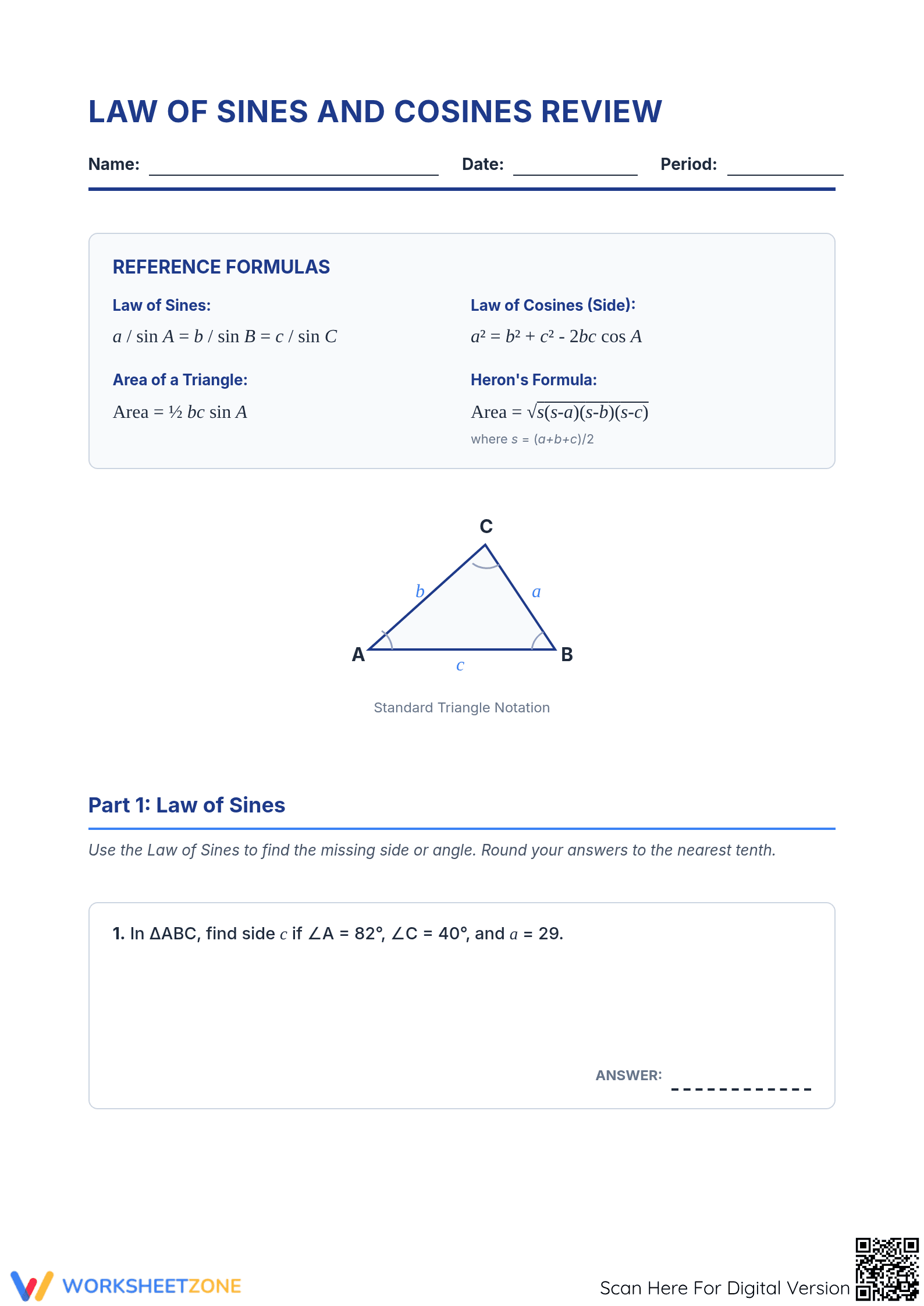 Law of Sines and Cosines Review Worksheet | Essential Math - Page 1