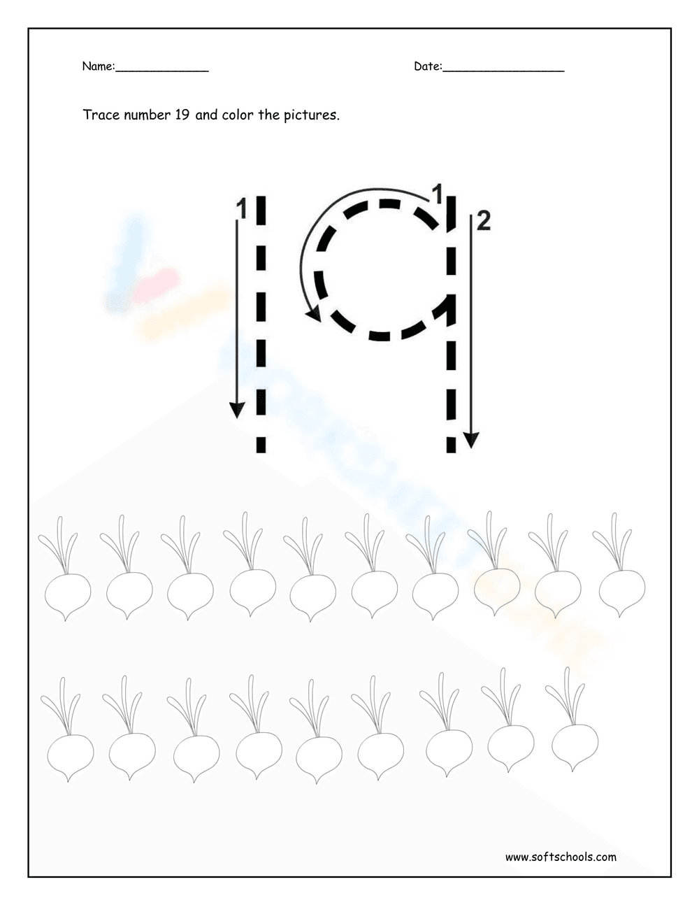 Practice Tracing the Number Nineteen - Page 1
